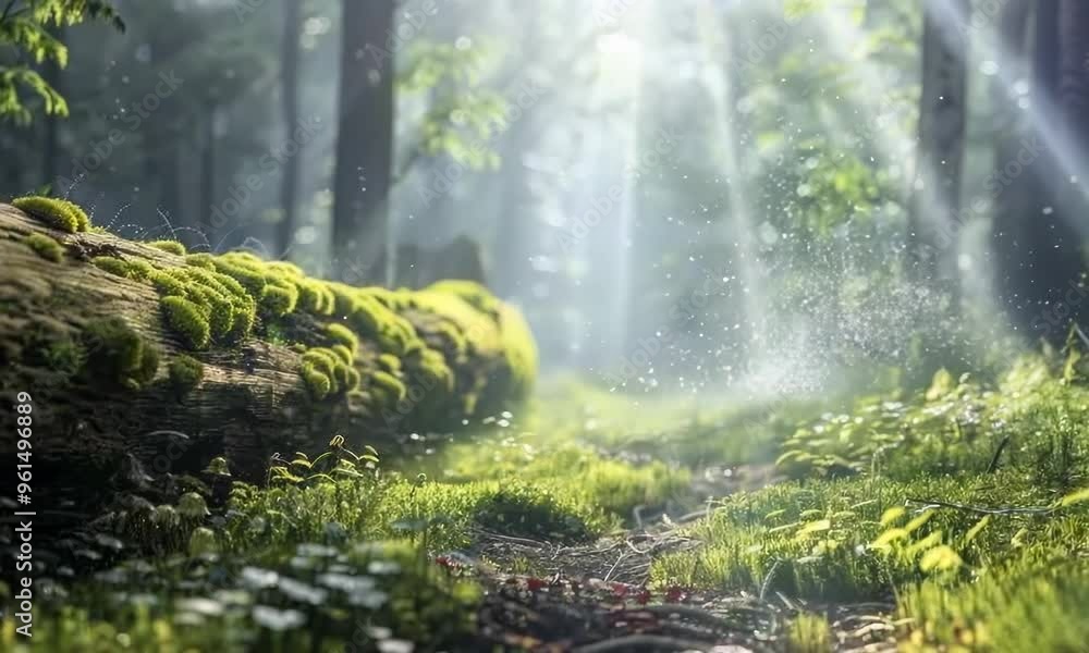 Poster sunlit forest path with a fallen log covered in moss and fungi, video