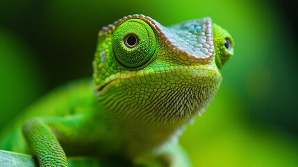 Fototapeta premium Zdjęcie przedstawiające zielonego kameleona w zbliżeniu, eksponujące drobne detale jego skóry. Obraz ukazuje różnorodne odcienie zieleni oraz teksturę skóry kameleona.