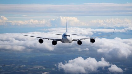 Obraz premium White Airplane Flying through Clouds in the Sky with a Calm Horizon