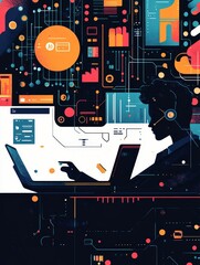 A stylized illustration depicting a person working on a laptop, surrounded by digital elements, representing the growing importance of technology in business.