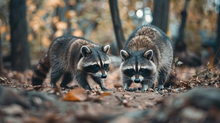 Obraz premium Two Raccoons Walking Through The Woods