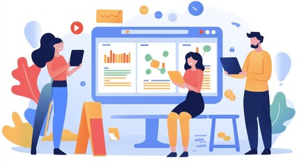 A team of professionals analyze data on a computer screen to develop customer retention and growth strategies. The image represents collaboration, data analysis, and strategic planning for business su