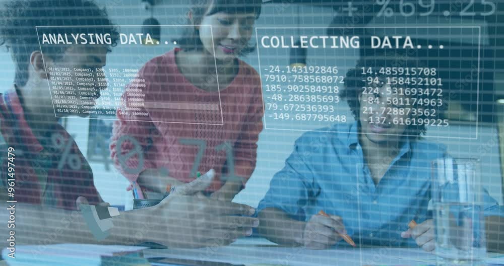 Aufkleber data processing animation over diverse colleagues collaborating in office