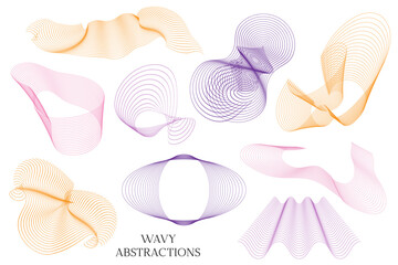 Wavy linear elements for design. Abstract fluid geometric shapes. Stylized line art. Technology and science illustration. Digital frequency track equalizer. Optical Illusion curves and swirls. Vecor