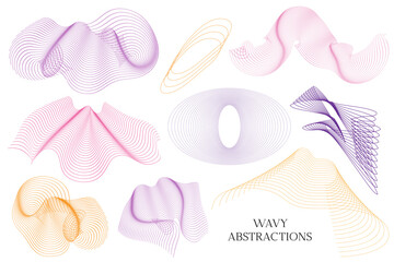 Wavy linear elements for design. Abstract fluid geometric shapes. Stylized line art. Technology and science illustration. Digital frequency track equalizer. Optical Illusion curves and swirls. Vecor