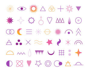 Cute simple linear icons with gradient. Collection Promotive abstract and geometric shapes: stars, waves, dots, symbols. Vector set of geometric design elements  for graphic, web design
