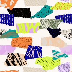 Seamless pattern with doodle textured paper elements. Abstract contemporary collage graphic print witn flat cutout and torned shapes. Vector geometric repeat design. Dark green modern artistic surface