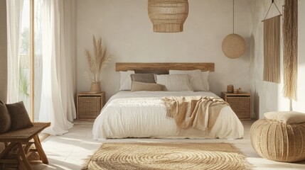 Bright and airy bedroom designed in Scandinavian style, with natural textures, neutral colors, and minimalistic decor.