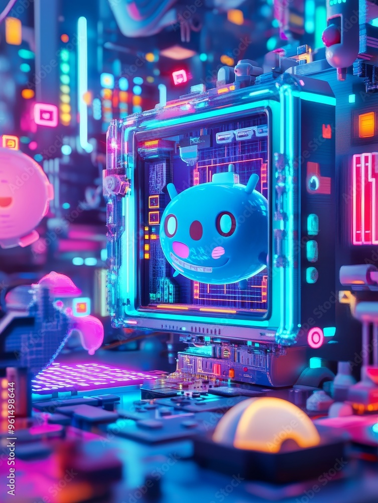 Poster a vibrant 3d cartoon computer scene with neon lights, showcasing a playful character in the monitor 