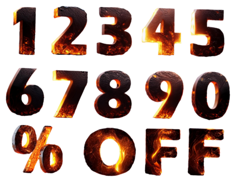 collection set of molten glowing numbers and discount signs with fiery sections for promotional design