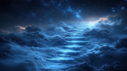 Fototapeta premium Stairway to Eternity: Ethereal Steps Ascending Through Misty Celestial Realms