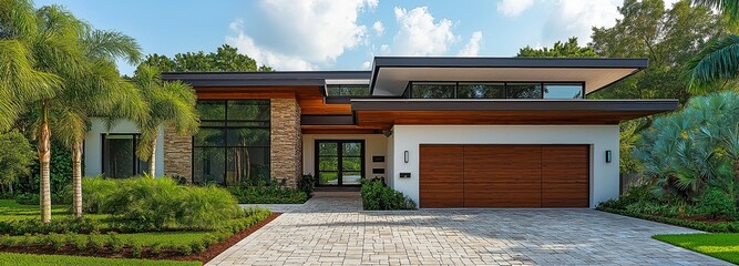 A gorgeous contemporary home with large windows, elegant architectural features, and a well-kept driveway, all nestled within lush tropical vegetation.