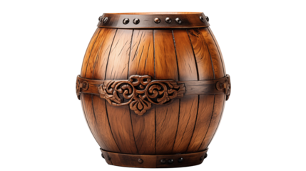 decorative vintage wooden barrel, studio view, isolated on transparent background.