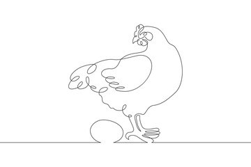 Continuous one line drawing laying hen. Portrait of a hen next to eggs.Chicken. Animals on the farm. One continuous line isolated minimal illustration.