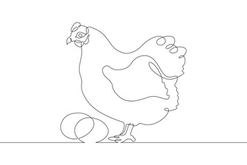 Continuous one line drawing laying hen. Portrait of a hen next to eggs.Chicken. Animals on the farm. One continuous line isolated minimal illustration.