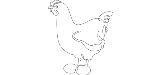 Continuous one line drawing laying hen. Portrait of a hen next to eggs. Chicken. Animals on the farm. One continuous line isolated minimal illustration.