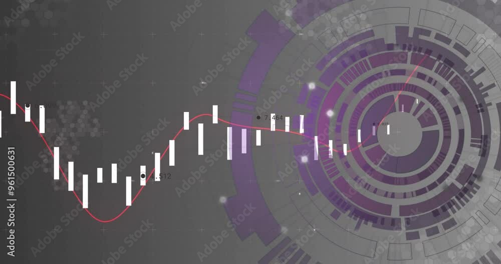 Poster candlestick chart and data visualization over abstract circular animation
