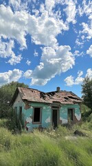 A deteriorating stone home is situated alone in a barren area, with snow-capped mountains serving as the background.