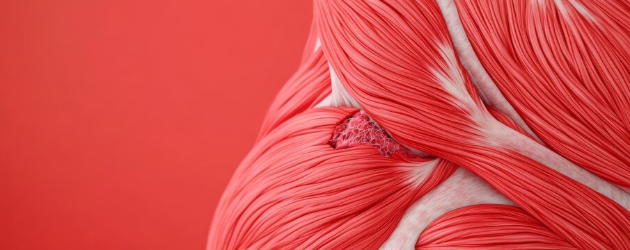 Microtears in muscle fibers, microscopic damage and healing, sports medicine, 3D illustration
