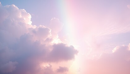 Pink purple clouds in sky with faint rainbow
