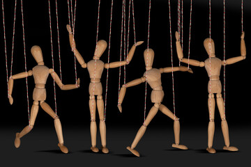Wooden puppet doll, dancing marionette. Concept of emotional manipulation, world conspiracy theories