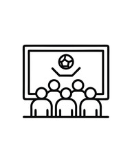 Editable stroke vector of a crowd watching a match on a screen with a soccer ball.