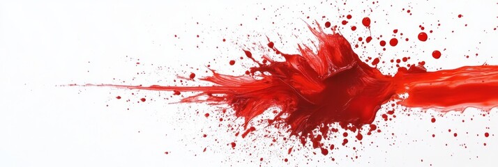 A vibrant red paint splash on a pristine white background. The splash creates a dynamic and energetic pattern, symbolizing passion, energy, and creativity. It can be used for a variety of purposes, fr