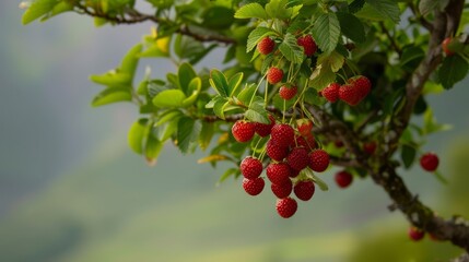 Obraz premium A tree laden with numerous ripened berries atop verdant, leafy branches, fully adorned with greenery