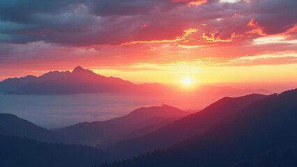Obraz premium breathtaking view of natural mountain landscape sunrise with vibrant pink orange hues sky