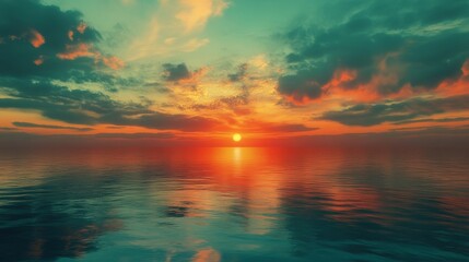 Obraz premium A vibrant sunset paints the sky with hues of orange, red, and purple, casting a warm glow on the calm ocean waters. The setting sun creates a golden reflection on the surface, symbolizing peace, tranq
