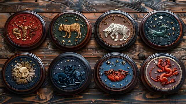 A collection of eight circular zodiac-themed plaques displayed on a rustic wooden background,