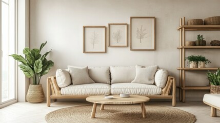 Cozy and modern living room with Scandinavian design, featuring a sofa and wooden furnishings.