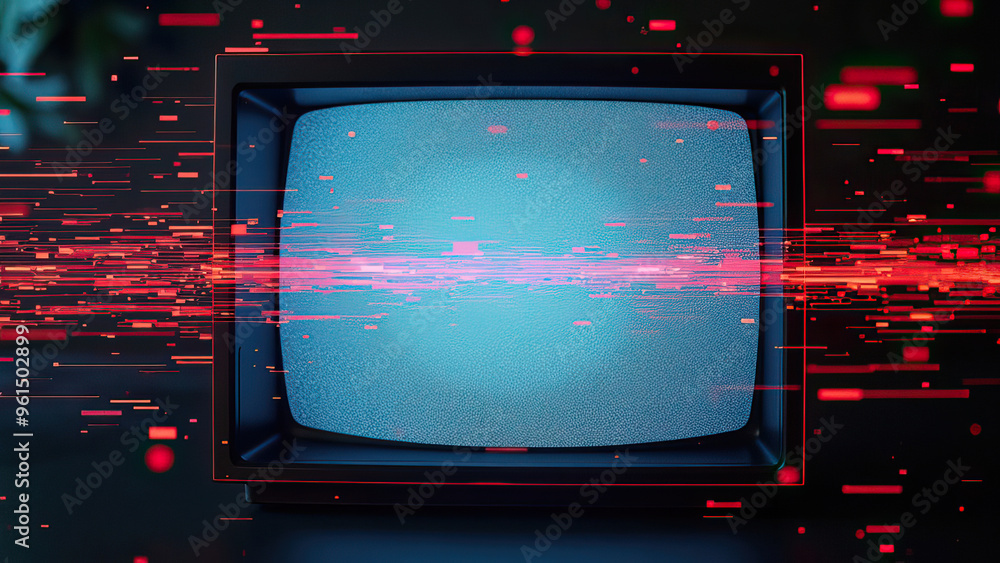 Poster old television set with static and red digital lines futuristic