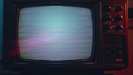 Vintage TV with static screen and red glow