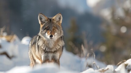 Obraz premium A tight shot of a wolf gazing at the camera amidst snowy backdrop, trees faintly visible and blurred behind