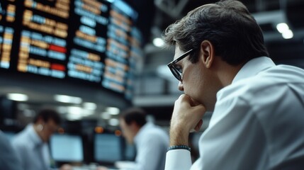 Obraz premium Vibrant Stock Exchange Energy - Analysts Engrossed in Financial Trends Surrounded by Dynamic Market Screens in a Colorful Trading Environment