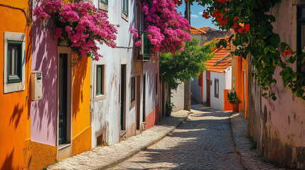 Obraz premium A cozy, narrow Portuguese street with bright buildings painted in orange and pink colors, adorned with blooming bougainvillea. The cobblestone path adds an authentic charm