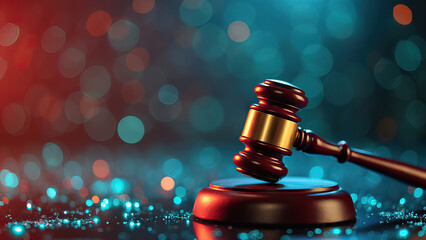 wooden gavel illuminated by blue and red bokeh background