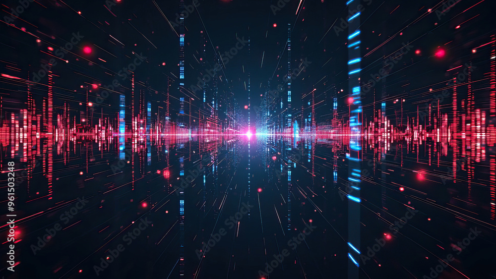Poster abstract digital art featuring neon red and blue lines data tech background