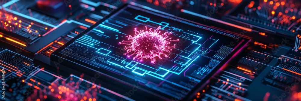 Poster a visually striking 3d flat lay of a computer circuit board with a pink virus, symbolizing the threa