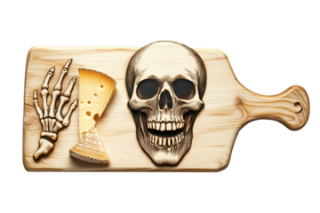 A Halloween-themed cheese board featuring a skull, cheeses, pumpkins, fruit, and leaves isolated on white background. Concept of festive Halloween holiday food