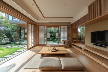 Fototapeta premium A serene modern living room with natural light and a view of a garden.