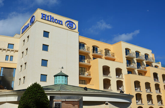 St. Julian's, Malta - May 23, 2018: The luxury Hilton Hotel in Portomaso, St. Julian's, Malta. 