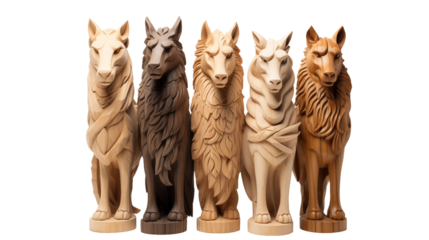 decorative wooden statues horse, lion, fox and wolf, studio view, isolated on transparent background.