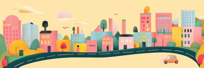 A whimsical illustration of a city road map with colorful buildings, trees, and a car. It symbolizes urban living, creativity, and a playful approach to city planning.