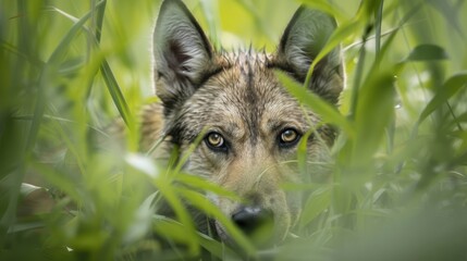 Fototapeta premium A tight shot of a dog's expressive eyes and snout amidst a hazy field of swaying grass