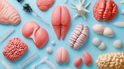 Muscle cells under microscope, various types with unique shapes, educational theme, 3D illustration