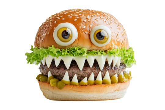 A creative burger designed to look like a monster face, with olives for eyes and cheese for teeth isolated on white background. Fun food concept for Halloween