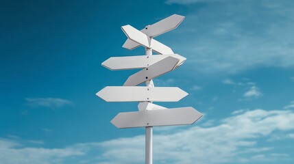 A white signpost with multiple directions pointing in different ways against a blue sky with white clouds. It symbolizes choice, opportunity, uncertainty, and the journey ahead.