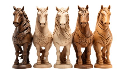 decorative wooden statues horse, lion, fox and wolf, studio view, isolated on transparent background.